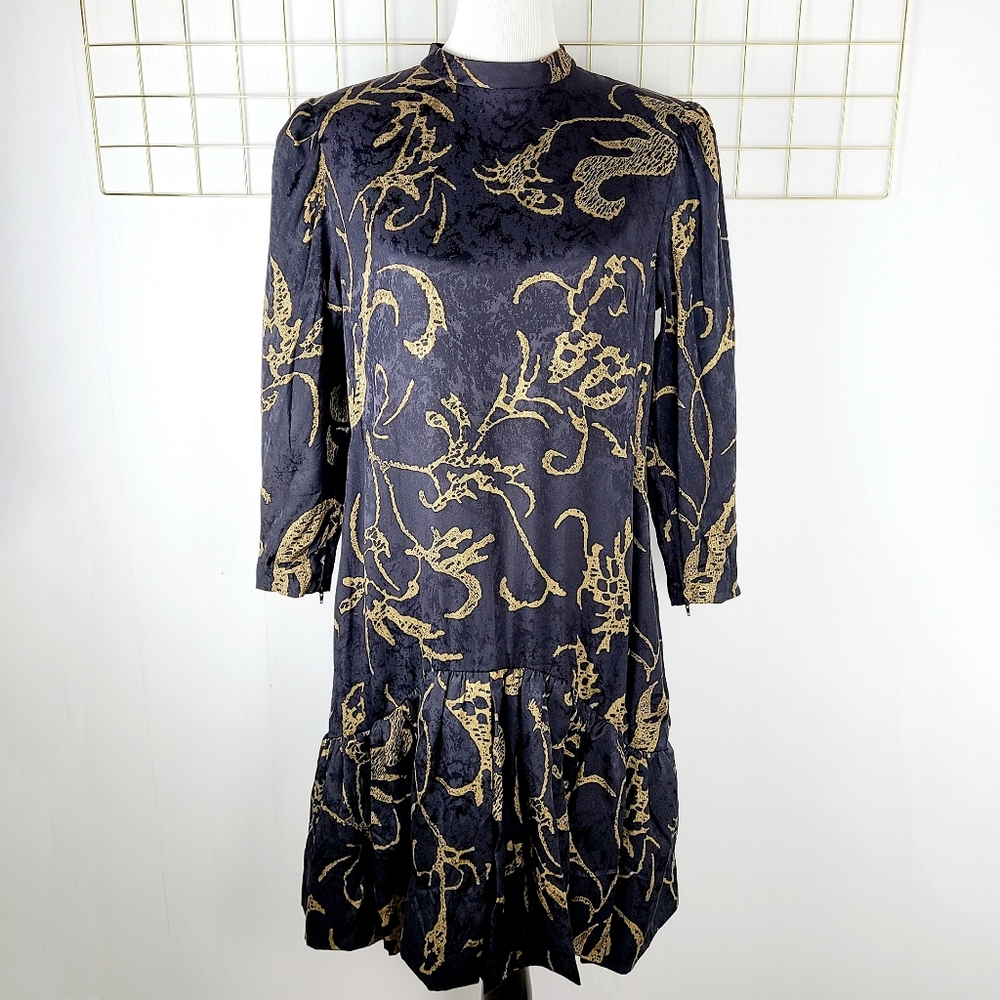 Pauline Trigere Black Gold Swirl Jacquard Drop Waist Evening Vintage Dress